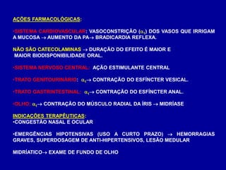 AÇÕES FARMACOLÓGICAS:
•SISTEMA CARDIOVASCULAR: VASOCONSTRIÇÃO (1) DOS VASOS QUE IRRIGAM
A MUCOSA  AUMENTO DA PA BRADICARDIA REFLEXA.
NÃO SÃO CATECOLAMINAS  DURAÇÃO DO EFEITO É MAIOR E
MAIOR BIODISPONIBILIDADE ORAL.
•SISTEMA NERVOSO CENTRAL: AÇÃO ESTIMULANTE CENTRAL
•TRATO GENITOURINÁRIO: 1 CONTRAÇÃO DO ESFÍNCTER VESICAL.
•TRATO GASTRINTESTINAL: 1 CONTRAÇÃO DO ESFÍNCTER ANAL.
•OLHO: 1 CONTRAÇÃO DO MÚSCULO RADIAL DA ÍRIS  MIDRÍASE
INDICAÇÕES TERAPÊUTICAS:
•CONGESTÃO NASAL E OCULAR
•EMERGÊNCIAS HIPOTENSIVAS (USO A CURTO PRAZO)  HEMORRAGIAS
GRAVES, SUPERDOSAGEM DE ANTI-HIPERTENSIVOS, LESÃO MEDULAR
MIDRÍATICO EXAME DE FUNDO DE OLHO
 