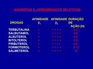 DROGAS
AFINIDADE
1
AFINIDADE
2
DURAÇÃO
DE
AÇÃO (H)
TERBUTALINA + + + + + 4-8
SALBUTAMOL + + + + + 4-8
ALBUTEROL + + + + + 4-8
BITOLTEROL + + + + + 4-8
PIRBUTEROL + + + ++ 4-8
FORMOTEROL + + + + + 8-12
SALMETEROL + + + + + 12
AGONISTAS 2-ADRENÉRGICOS SELETIVOS:
 