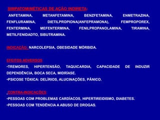 SIMPATOMIMÉTICAS DE AÇÃO INDIRETA:
ANFETAMINA, METANFETAMINA, BENZFETAMINA, ENMETRAZINA,
FENFLURAMINA, DIETILPROPIONA(ANFEPRAMONA), FEMPROPOREX,
FENTERMINA, MEFENTERMINA, FENILPROPANOLAMINA, TIRAMINA,
METILFENIDADTO, SIBUTRAMINA.
INDICAÇÃO: NARCOLEPSIA, OBESIDADE MÓRBIDA.
EFEITOS ADVERSOS
•TREMORES, HIPERTENSÃO, TAQUICARDIA, CAPACIDADE DE INDUZIR
DEPENDÊNCIA, BOCA SECA, MIDRÍASE.
•PSICOSE TÓXICA: DELÍRIOS, ALUCINAÇÕES, PÂNICO.
CONTRA-INDICAÇÕES:
•PESSOAS COM PROBLEMAS CARDÍACOS, HIPERTIREIDISMO, DIABETES.
•PESSOAS COM TENDÊNCIA A ABUSO DE DROGAS.
 
