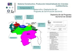 Sistema Constructivo. Producción Industrializada de viviendas
multifamiliares.
Componente 2
Desarrollo e Implantación del
Programa de Certificación Sectorial.
Implantación del Programa
Sectorial de Calidad
Táchira (1)
Miranda y
Distrito
Federal (5)
Carabobo y
Aragua (4)
Bolívar (5)
Anzoátegui
(1)
 