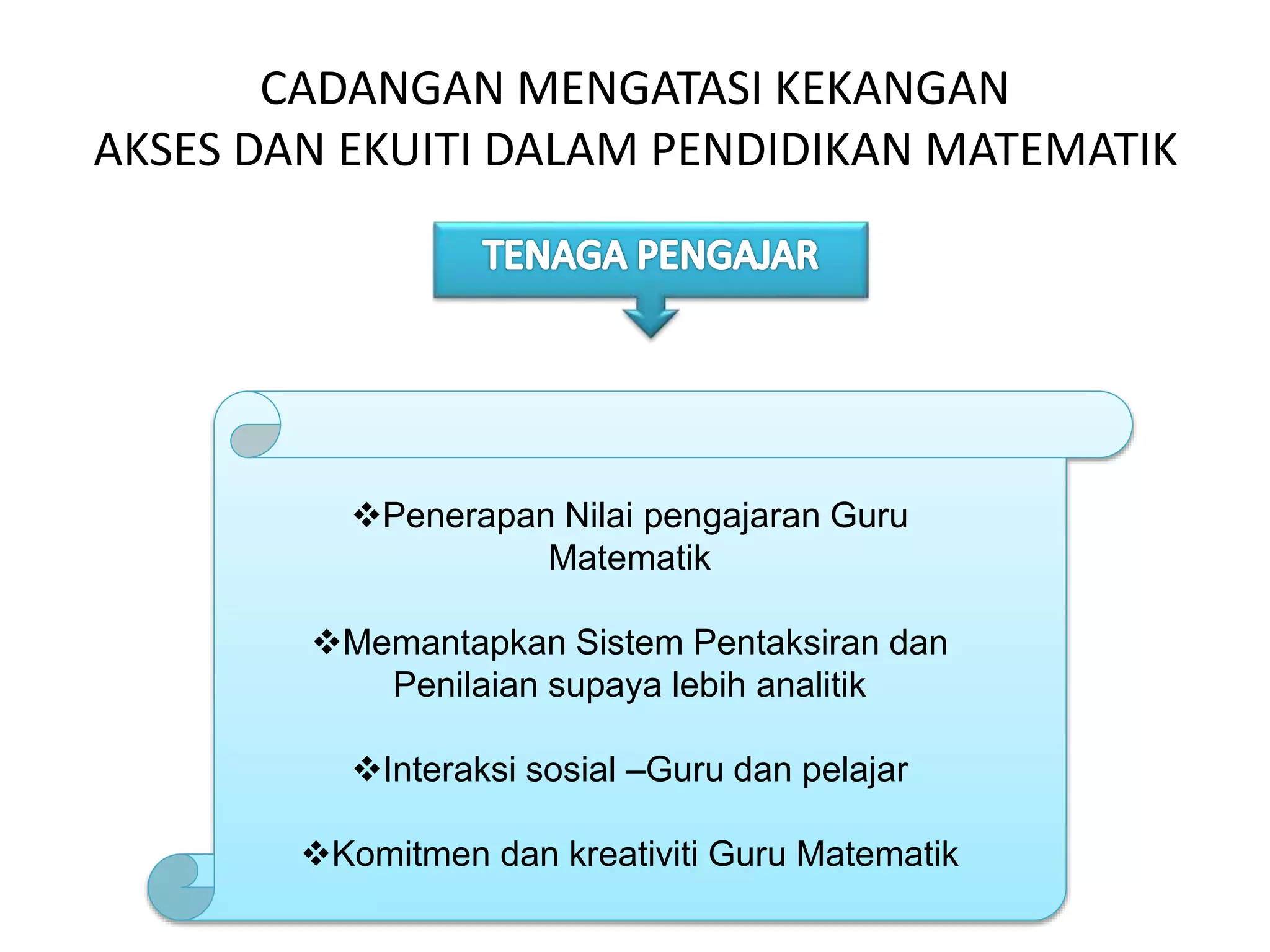 CADANGAN MENGATASI KEKANGAN
AKSES DAN EKUITI DALAM PENDIDIKAN MATEMATIK
Penerapan Nilai pengajaran Guru
Matematik
Memantapkan Sistem Pentaksiran dan
Penilaian supaya lebih analitik
Interaksi sosial –Guru dan pelajar
Komitmen dan kreativiti Guru Matematik
 