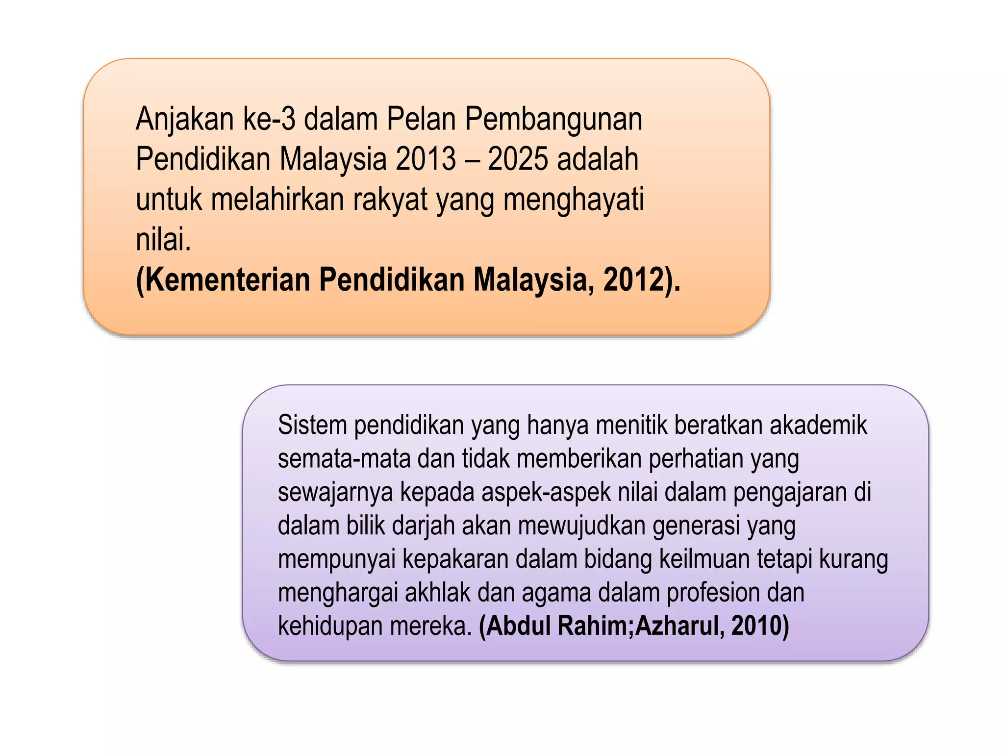 Anjakan ke-3 dalam Pelan Pembangunan
Pendidikan Malaysia 2013 – 2025 adalah
untuk melahirkan rakyat yang menghayati
nilai.
(Kementerian Pendidikan Malaysia, 2012).
Sistem pendidikan yang hanya menitik beratkan akademik
semata-mata dan tidak memberikan perhatian yang
sewajarnya kepada aspek-aspek nilai dalam pengajaran di
dalam bilik darjah akan mewujudkan generasi yang
mempunyai kepakaran dalam bidang keilmuan tetapi kurang
menghargai akhlak dan agama dalam profesion dan
kehidupan mereka. (Abdul Rahim;Azharul, 2010)
 