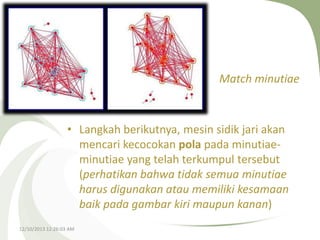 Match minutiae

• Langkah berikutnya, mesin sidik jari akan
mencari kecocokan pola pada minutiaeminutiae yang telah terkumpul tersebut
(perhatikan bahwa tidak semua minutiae
harus digunakan atau memiliki kesamaan
baik pada gambar kiri maupun kanan)
12/10/2013 12:26:03 AM

 