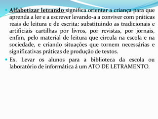  Alfabetizar letrando significa orientar a criança para que 
aprenda a ler e a escrever levando-a a conviver com práticas 
reais de leitura e de escrita: substituindo as tradicionais e 
artificiais cartilhas por livros, por revistas, por jornais, 
enfim, pelo material de leitura que circula na escola e na 
sociedade, e criando situações que tornem necessárias e 
significativas práticas de produção de textos. 
 Ex. Levar os alunos para a biblioteca da escola ou 
laboratório de informática á um ATO DE LETRAMENTO. 
