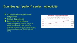 Données qui “parlent” seules : objectivité
● L’interprétation suppose une
subjectivité
● Risque d’apophénie
● Biais dans les systèmes
informatiques (Friedman, Batya, et
Helen Nissenbaum. 1996. « Bias in
computer systems ». ACM Transactions on
Information Systems (TOIS) 14 (3):330–
347.)
 
