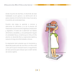 Alimentación Nivel Educación Inicial




 Desde el punto de vista físico, el desarrollo de estas
 habilidades ocurre gracias a la disminución de la
 grasa corporal, el incremento de la masa muscular y
 el aumento de la densidad ósea.

 Durante esta etapa se aprende a conocer y
 seleccionar los alimentos y se da el proceso de
 maduración de las funciones digestivas (masticación
 y digestión). A través de la obtención de hábitos
 alimentarios saludables, y una participación regular
 en actividades físicas, se estima que la niña y el niño
 alcance un desarrollo físico y cognoscitivo óptimo y
 reduzca el riesgo de enfermedades crónicas.

 Es importante tener presente que el crecimiento y
 desarrollo puede variar de una niña o un niño a otra
 u otro, por lo que es necesario hacer un seguimiento
 de estos procesos para evaluar que se estén dando
 de manera óptima.




                                                       4
 