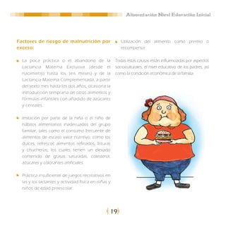 Alimentación Nivel Educación Inicial




Factores de riesgo de malnutrición por                   Utilización del alimento como premio o
exceso:                                                  recompensa.

  La poca práctica o el abandono de la                Todas estas causas están influenciadas por aspectos
  Lactancia Materna Exclusiva (desde el               socioculturales, el nivel educativo de los padres, así
  nacimiento hasta los seis meses) y de la            como la condición económica de la familia.
  Lactancia Materna Complementada, a partir
  del sexto mes hasta los dos años, ocasiona la
  introducción temprana de otros alimentos y
  fórmulas infantiles con añadido de azúcares
  y cereales.

  Imitación por parte de la niña o el niño de
  hábitos alimentarios inadecuados del grupo
  familiar, tales como el consumo frecuente de
  alimentos de escaso valor nutritivo, como los
  dulces, refrescos alimentos refinados, frituras
  y chucherías, los cuales tienen un elevado
  contenido de grasas saturadas, colesterol,
  azúcares y colorantes artificiales.

  Práctica insuficiente de juegos recreativos en
  las y los lactantes y actividad física en niñas y
  niños de edad preescolar.




                                                  19
 
