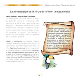 Alimentación Nivel Educación Inicial


      La alimentación de la niña y el niño en la etapa inicial
Pasos para una alimentación saludable:
La alimentación se inicia desde la etapa
de gestación, donde la embarazada debe
alimentarse de forma sana y balanceada para
asegurar el crecimiento de la niña o el niño
en formación, proteger su estado de salud y                 Estudios comunitarios del INN a nivel
nutrición, además de brindarle la oportunidad               regional han determinado que las
de comenzar a conocer los sabores y                        culturas indígenas también tienen sus
                                                           creencias en relación a la alimentación
sensaciones que proporcionan los alimentos                 durante el embarazo y la etapa inicial,
desde el vientre materno                                  por ejemplo, las mujeres del pueblo
                                                          Jivi durante el embarazo cuidan su
                                                          alimentación y se habla de alimentos
Desde el nacimiento la Lactancia Materna                 prohibidos, como los peces con dientes,
Exclusiva promueve una nutrición adecuada, el            ya que el caribe puede «comerse el niño
crecimiento y desarrollo integral de la niña y el        por dentro de la matriz», o la sierra,
                                                        que con sus aletas puede «trancar» a
niño. A partir del sexto mes, con la incorporación      la madre durante el alumbramiento.
de la Alimentación Complementaria, la niña y
el niño progresivamente evolucionan en su
alimentación, incorporando poco a poco en su
rutina alimentaria el Trompo de los Alimentos
(Para más detalles revise el libro de Lactancia
Materna de esta coleccion).




                                                 21
 