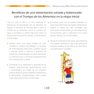 Alimentación Nivel Educación Inicial


      Beneficios de una alimentación variada y balanceada
       con el Trompo de los Alimentos en la etapa inicial
Una vez que la niña y el niño comienza su              Constituye junto con la Lactancia Materna la
experiencia de aprendizaje con los alimentos ha        base para la formación de hábitos alimentarios,
llegado el momento de conocer poco a poco el           higiene y estilos de vida saludable que
Trompo de los Alimentos, iniciar el consumo de         promueven el intercambio y la consolidación de
agua y considerar la oportunidad que ofrece la         conocimientos, para su aplicación en la rutina
rutina en las horas de las comidas. La alimentación    escolar, familiar y en la comunidad.
en esta etapa:
                                                       Ayuda en la formación de rutinas que favorecen
   Permite tener una mejor calidad de vida,            una relación alimentaria sana y que promueve
   fortalece el sistema inmunológico, lo protege       actitudes positivas en las niñas y los niños hacia
   de enfermedades infecciosas y también ayuda         una alimentación saludable.
   a prevenir desde la infancia la aparición de
   trastornos y enfermedades con base alimentaria
   y nutricional que se presentan posteriormente
   en la edad escolar y adulta.

   Contribuye en la maduración y desarrollo de los
   sistemas neuromuscular, gastrointestinal, renal
   e inmunológico, por medio de una transición
   gradual desde la Lactancia Materna, pasando por
   la Alimentación Complementaria, hasta la dieta
   mixta habitual de la niña y el niño mayor.




                                                  23
 