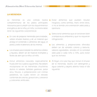 Alimentación Nivel Educación Inicial



 LA MERIENDA

 La merienda es una comida liviana                      Evitar alimentos que puedan resultar
 complementaria de los platos principales               riesgosos, como semillas, maní, entre otros,
 necesarios para cumplir con los requerimientos         si no se brinda una orientación adecuada y
 energéticos de la niña y el niño. La misma debe        oportuna.
 tener las siguientes características:
                                                        Seleccionar alimentos que se conserven bien
    En caso de preparar meriendas para trasladar,       a temperatura ambiente y que no requieran
    utilizar envases livianos y de un material que      refrigeración.
    proteja el contenido o alimentos del agua, el
    polvo y evite el deterioro de los mismos.           Los alimentos y preparaciones ofrecidos
                                                        deben ser de variados colores y texturas,
    Los envases para trasladar los alimentos sólidos    sabores agradables, servidos en la cantidad
    y líquidos, deben ser de material irrompible y      adecuada a cada niña o niño, para evitar
    fáciles de abrir por la niña o el niño.             que los rechace.

    Incluir alimentos naturales, especialmente          Al llegar a la casa hay que revisar el envase
    frutas (Ver los cuadros siguientes). No deben       de la merienda, lavarlo con detergente y
    incorporarse en las meriendas chucherías            agua caliente y dejarlo abierto hasta el día
    dulces ni saladas, bebidas gaseosas, pasta          siguiente.
    seca, frituras, o preparaciones con cremas
    pasteleras, las cuales tienen un elevado
    contenido de calorías, grasas trans, colesterol
    y colorantes artificiales.




                                                   32
 