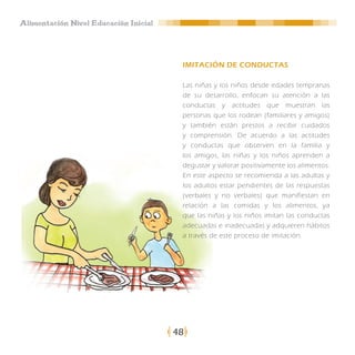 Alimentación Nivel Educación Inicial




                                        IMITACIÓN DE CONDUCTAS

                                        Las niñas y los niños desde edades tempranas
                                        de su desarrollo, enfocan su atención a las
                                        conductas y actitudes que muestran las
                                        personas que los rodean (familiares y amigos)
                                        y también están prestos a recibir cuidados
                                        y comprensión. De acuerdo a las actitudes
                                        y conductas que observen en la familia y
                                        los amigos, las niñas y los niños aprenden a
                                        degustar y valorar positivamente los alimentos.
                                        En este aspecto se recomienda a las adultas y
                                        los adultos estar pendientes de las respuestas
                                        (verbales y no verbales) que manifiestan en
                                        relación a las comidas y los alimentos, ya
                                        que las niñas y los niños imitan las conductas
                                        adecuadas e inadecuadas y adquieren hábitos
                                        a través de este proceso de imitación.




                                       48
 