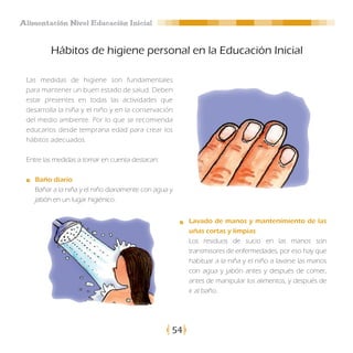 Alimentación Nivel Educación Inicial


         Hábitos de higiene personal en la Educación Inicial

 Las medidas de higiene son fundamentales
 para mantener un buen estado de salud. Deben
 estar presentes en todas las actividades que
 desarrolla la niña y el niño y en la conservación
 del medio ambiente. Por lo que se recomienda
 educarlos desde temprana edad para crear los
 hábitos adecuados.

 Entre las medidas a tomar en cuenta destacan:

    Baño diario
    Bañar a la niña y el niño diariamente con agua y
    jabón en un lugar higiénico.


                                                        Lavado de manos y mantenimiento de las
                                                        uñas cortas y limpias
                                                        Los residuos de sucio en las manos son
                                                        transmisores de enfermedades, por eso hay que
                                                        habituar a la niña y el niño a lavarse las manos
                                                        con agua y jabón antes y después de comer,
                                                        antes de manipular los alimentos, y después de
                                                        ir al baño.




                                                   54
 