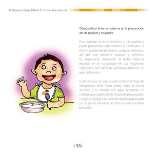 Alimentación Nivel Educación Inicial




                                        Cómo utilizar la leche materna en la preparación
                                        de las papillas y los purés:

                                        Para agregar la leche materna a las papillas o
                                        purés preparadas con cereales o tubérculos, la
                                        madre puede extraérsela en cualquier momento
                                        del día con extractor manual o eléctrico,
                                        es importante almacenar la leche materna
                                        extraída en el congelador en sus recipientes
                                        especiales (Ver libro de Lactancia Materna de
                                        esta colección).

                                        Cada día que se vaya a usar la leche se baja del
                                        refrigerador unas horas antes, mejor la noche
                                        anterior, y se calienta con agua templada, no
                                        caliente, para que la leche no pierda propiedades.
                                        Luego se agrega a los cereales o purés preparados
                                        y se le ofrece a la niña o el niño con una cucharita
                                        pequeña.




                                       58
 