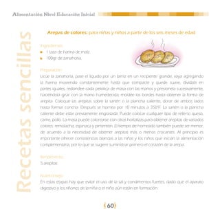Alimentación Nivel Educación Inicial


                       Arepas de colores: para niñas y niños a partir de los seis meses de edad
Recetas sencillas
                    Ingredientes:
                       1 taza de harina de maíz.
                       100gr de zanahoria.

                    Preparación:
                    Licúe la zanahoria, pase el liquido por un tamiz en un recipiente grande, vaya agregando
                    la harina moviendo constantemente hasta que compacte y quede suave, divídala en
                    partes iguales, redondee cada pelotica de masa con las manos y presionela sucesivamente,
                    haciéndola girar con la mano humedecida; moldée los bordes hasta obtener la forma de
                    arepita. Coloque las arepitas sobre la sartén o la plancha caliente, dorar de ambos lados
                    hasta formar concha. Después se hornea por 10 minutos a 350°F. La sartén o la plancha
                    caliente debe estar previamente engrasada. Puede colocar cualquier tipo de relleno queso,
                    carne, pollo. La masa puede colorearse con otras hortalizas para obtener arepitas de variados
                    colores: remolacha, espinaca y pimentón. El tiempo de horneado también puede ser menor,
                    de acuerdo a la necesidad de obtener arepitas más o menos crocantes. Al principio es
                    importante ofrecer consistencias blandas a las niñas y los niños que inician la alimentación
                    complementaria, por lo que se sugiere suministrar primero el corazón de la arepa.

                    Rendimiento:
                    5 arepitas

                    Nutriconsejo:
                    En estas etapas hay que evitar el uso de la sal y condimentos fuertes, dado que el aparato
                    digestivo y los riñones de la niña o el niño aún están en formación.



                                                          60
 