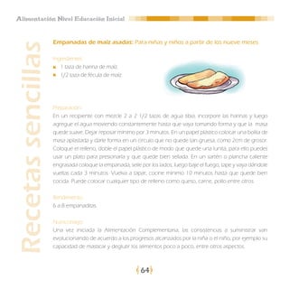 Alimentación Nivel Educación Inicial


                    Empanadas de maíz asadas: Para niñas y niños a partir de los nueve meses
Recetas sencillas
                    Ingredientes:
                       1 taza de harina de maíz.
                       1/2 taza de fécula de maíz.




                    Preparación:
                    En un recipiente con mezcle 2 a 2 1/2 tazas de agua tibia, incorpore las harinas y luego
                    agregue el agua moviendo constantemente hasta que vaya tomando forma y que la masa
                    quede suave. Dejar reposar mínimo por 3 minutos. En un papel plástico colocar una bolita de
                    masa aplastada y darle forma en un circulo que no quede tan gruesa, como 2cm de grosor.
                    Coloque el relleno, doble el papel plástico de modo que quede una lunita, para ello puedes
                    usar un plato para presionarla y que quede bien sellada. En un sartén o plancha caliente
                    engrasada coloque la empanada, selle por los lados, luego baje el fuego, tape y vaya dándole
                    vueltas cada 3 minutos. Vuelva a tapar, cocine mínimo 10 minutos hasta que quede bien
                    cocida. Puede colocar cualquier tipo de relleno como queso, carne, pollo entre otros.

                    Rendimiento:
                    6 a 8 empanaditas.

                    Nutriconsejo:
                    Una vez iniciada la Alimentación Complementaria, las consistencias a suministrar van
                    evolucionando de acuerdo a los progresos alcanzados por la niña o el niño, por ejemplo su
                    capacidad de masticar y deglutir los alimentos poco a poco, entre otros aspectos.



                                                         64
 