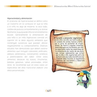 Alimentación Nivel Educación Inicial




Hiperactividad y alimentación
El síndrome de hiperactividad se define como
un trastorno en la conducta en que la niña
o el niño no deja de moverse, lo toca todo,
cambia de postura constantemente y se distrae
fácilmente, lo que puede influir en el rendimiento
escolar. Generalmente la alimentación de
una niña o un niño hiperactivo consiste en            El lactante y preescolar vegetariano
suprimir en la dieta algunos alimentos que            es una niña o un niño con restricción en
                                                      el consumo de carnes, huevos y leche,
contengan sustancias que puedan afectar                que lo priva de proteínas de origen
negativamente su comportamiento. Diversos              animal, de hierro y algunas vitaminas
                                                       esenciales para su crecimiento, por ello
estudios han demostrado que deben evitarse              es importante vigilar las condiciones de
alimentos que incluyan colorantes artificiales,         la alimentación por medio de una dieta
                                                        que incluya suplementos que eviten
aditivos alimentarios, conservantes sintéticos           que la niña o niño vegetariano sufra de
y potenciadores del sabor. Entre estos                   malnutrición asociada a las deficiencias.
                                                         También debe hacerse un seguimiento
alimentos destacan los dulces, chucherías,
                                                          continuo del crecimiento y desarrollo
bebidas gaseosas, salsas procesadas, entre                de estas niñas y niños.
otros. Se recomienda que en estos casos un
especialista del área nutricional elabore una
dieta personalizada.




                                                 67
 