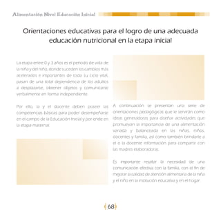 Alimentación Nivel Educación Inicial


    Orientaciones educativas para el logro de una adecuada
            educación nutricional en la etapa inicial


 La etapa entre 0 y 3 años es el período de vida de
 la niña y del niño, donde suceden los cambios más
 acelerados e importantes de todo su ciclo vital,
 pasan de una total dependencia de los adultos
 a desplazarse, obtener objetos y comunicarse
 verbalmente en forma independiente.

 Por ello, la y el docente deben poseer las           A continuación se presentan una serie de
 competencias básicas para poder desempeñarse         orientaciones pedagógicas que le servirán como
 en el campo de la Educación Inicial y por ende en    ideas generadoras para diseñar actividades que
 la etapa maternal.                                   promuevan la importancia de una alimentación
                                                      variada y balanceada en las niñas, niños,
                                                      docentes y familia, así como también brindarle a
                                                      el o la docente información para compartir con
                                                      las madres elaboradoras.

                                                      Es importante resaltar la necesidad de una
                                                      comunicación efectiva con la familia, con el fin de
                                                      mejorar la calidad de atención alimentaria de la niña
                                                      y el niño en la institución educativa y en el hogar.




                                                  68
 