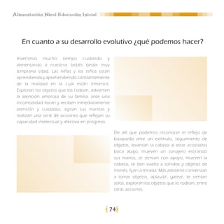 Alimentación Nivel Educación Inicial




   En cuanto a su desarrollo evolutivo ¿qué podemos hacer?

 Invertimos mucho tiempo cuidando y
 alimentando a nuestros bebés desde muy
 temprana edad. Las niñas y los niños están
 aprendiendo y aprehendiendo constantemente
 de la realidad en la cual están inmersos.
 Exploran los objetos que los rodean, advierten
 la atención amorosa de su familia, ante una
 incomodidad lloran y reciben inmediatamente
 atención y cuidados, agitan sus manitas y
 realizan una serie de acciones que reflejan su
 capacidad intelectual y afectiva en progreso.

                                                  De allí que podemos reconocer el reflejo de
                                                  búsqueda ante un estímulo, seguimiento de
                                                  objetos, levantan la cabeza al estar acostados
                                                  boca abajo, mueven un sonajero estirando
                                                  sus manos, se sientan con apoyo, mueven la
                                                  cabeza, se dan vuelta a sonidos y objetos de
                                                  interés, fijan la mirada. Más adelante comienzan
                                                  a tomar objetos, aplaudir, gatear, se sientan
                                                  solos, exploran los objetos que lo rodean, entre
                                                  otras acciones.



                                              74
 