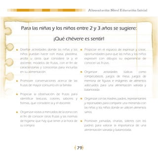 Alimentación Nivel Educación Inicial




Para las niñas y los niños entre 2 y 3 años se sugiere:

                         ¡Qué chévere es sentir!

Diseñar actividades donde las niñas y los       Propiciar en el espacio de expresar y crear,
niños puedan hacer con masa, plastilina,        oportunidades para que las niñas y los niños
arcilla u otros que considere la y el           expresen con dibujos su experiencia de
docente, modelos de frutas, con el fin de       conocer las frutas.
caracterizarlas y conocerlas para incluirlas
en su alimentación.                             Organizar    actividades  lúdicas    como
                                                rompecabezas, juegos de mesa, juegos de
Promover conversaciones acerca de las           memoria de figuras e imágenes de alimentos
frutas de mayor consumo en la familia.          adecuados para una alimentación variada y
                                                balanceada.
Propiciar la observación de frutas para
identificar texturas, colores, sabores y        Organizar con las madres, padres, representantes
formas, que considere la y el docente.          y reponsables para compartir una merienda con
                                                las niñas y los niños donde se utilicen alimentos
Organizar visitas a mercados de la zona con     sanos.
el fin de conocer otras frutas y las normas
de higiene que hay que tener a la hora de       Promover jornadas, charlas, talleres con los
su compra.                                      padres para valorar la importancia de una
                                                alimentación variada y balanceada.




                                           79
 