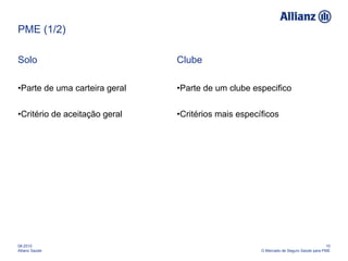 PME (1/2) Solo Parte de uma carteira geral Critério de aceitação geral Clube Parte de um clube especifico Critérios mais específicos 08-2010 Allianz Saúde 10 O Mercado de Seguro Saúde para PME 