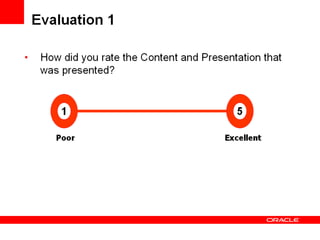 Evaluation 1 How did you rate the Content and Presentation that was presented? Poor     Excellent 1 5 