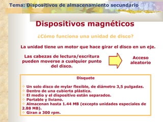 ¿Cómo funciona una unidad de disco? La unidad tiene un motor que hace girar el disco en un eje. Las cabezas de lectura/escritura pueden moverse a cualquier punto del disco. Acceso aleatorio Disquete Un solo disco de mylar flexible, de diámetro 3,5 pulgadas. Dentro de una cubierta plástica. El medio y el dispositivo están separados. Portable y liviano. Almacenan hasta 1.44 MB (excepto unidades especiales de 2.88 MB). Giran a 300 rpm. Tema: Dispositivos de almacenamiento secundario Dispositivos magnéticos 