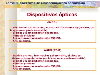CD-ROM Sólo lectura (Al escribirlo, el disco es físicamente agujereado, por lo que no se puede reescribir). El disco y la unidad están separados. Portable y liviano. Almacenan aproximadamente 650 MB. Alta precisión. WORM (CD-R) Escribir una vez, leer muchas (Al escribirlo, el disco es físicamente agujereado, por lo que no se puede reescribir). El disco y la unidad están separados. Portable y liviano. Almacenan aproximadamente 650 MB. Alta precisión. Tema: Dispositivos de almacenamiento secundario Dispositivos ópticos 