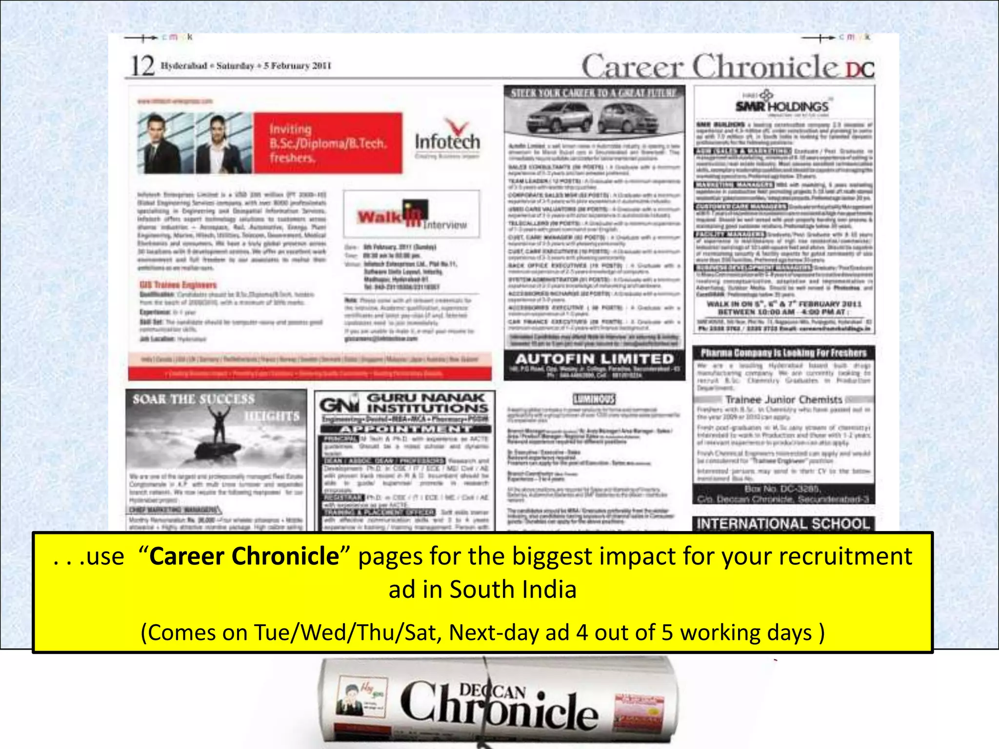 . . .use  “Career Chronicle” pages for the biggest impact for your recruitment ad in South India (Comes on Tue/Wed/Thu/Sat, Next-day ad 4 out of 5 working days )