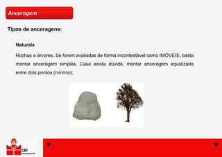 Naturais
Rochas e árvores. Se forem avaliadas de forma incontestável como IMÓVEIS, basta
montar ancoragem simples. Caso exista dúvida, montar ancoragem equalizada
entre dois pontos (mínimo);
Ancoragem
Tipos de ancoragens:
 