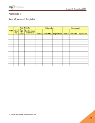 Version II – September 2009 
© Future Learning & Development Ltd.
108
Annexure 1
Key Movement Register
Date
Key Details Taken by Returned
Key
No.
No.
Of
Keys
Particulars
of the key
Name Time-Out Signature Name Time-In Signature
 