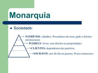 Monarquia
   Sociedade:

          PATRÍCIOS: cidadãos. Possuidores de terra, gado e direitos
          (aristocracia).
             PLEBEUS: livres, sem direitos ou propriedades.
              CLIENTES: dependentes dos patrícios.
                 ESCRAVOS: por dívida ou guerras. Pouco numerosos.
 