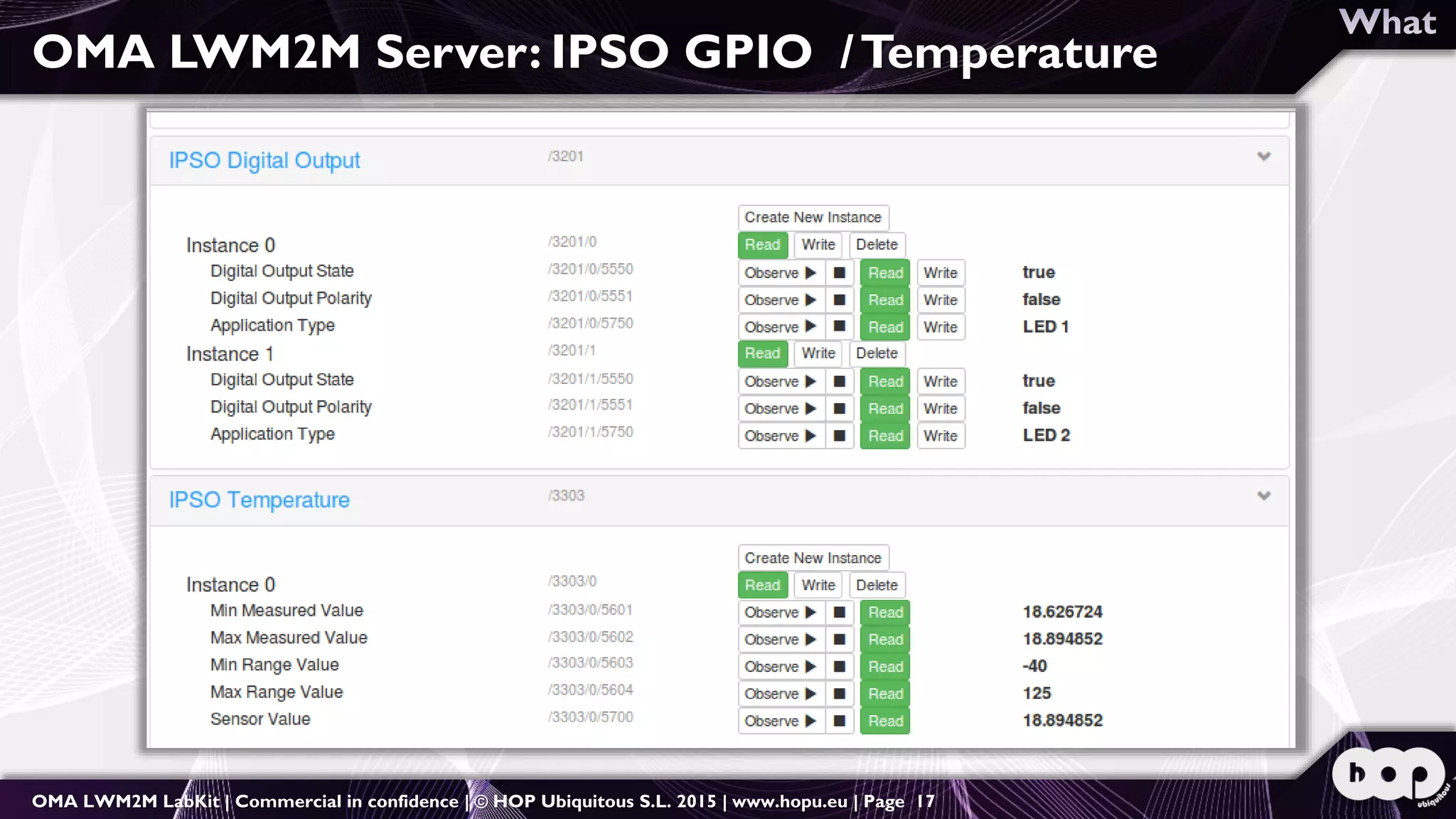OMA LWM2M LabKit | Commercial in confidence | © HOP Ubiquitous S.L. 2015 | www.hopu.eu | Page 17
OMA LWM2M Server: IPSO GPIO /Temperature
 