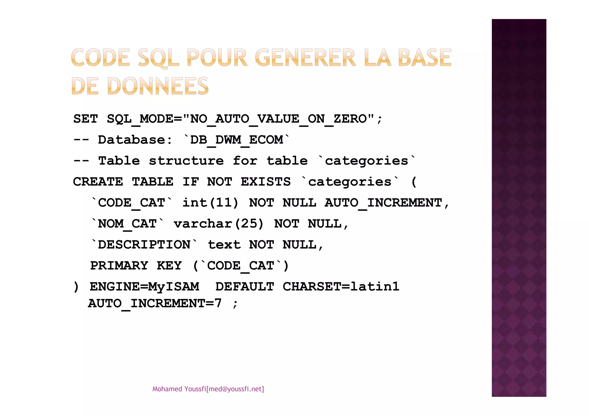 SET SQL_MODE="NO_AUTO_VALUE_ON_ZERO";
-- Database: `DB_DWM_ECOM`
-- Table structure for table `categories`
CREATE TABLE IF NOT EXISTS `categories` (
`CODE_CAT` int(11) NOT NULL AUTO_INCREMENT,`CODE_CAT` int(11) NOT NULL AUTO_INCREMENT,
`NOM_CAT` varchar(25) NOT NULL,
`DESCRIPTION` text NOT NULL,
PRIMARY KEY (`CODE_CAT`)
) ENGINE=MyISAM DEFAULT CHARSET=latin1
AUTO_INCREMENT=7 ;
Mohamed Youssfi[med@youssfi.net]
 