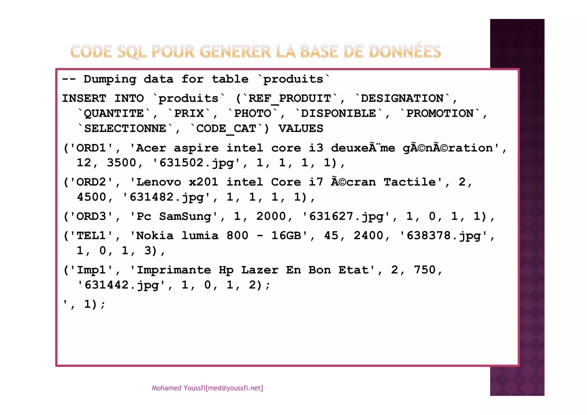 -- Dumping data for table `produits`
INSERT INTO `produits` (`REF_PRODUIT`, `DESIGNATION`,
`QUANTITE`, `PRIX`, `PHOTO`, `DISPONIBLE`, `PROMOTION`,
`SELECTIONNE`, `CODE_CAT`) VALUES
('ORD1', 'Acer aspire intel core i3 deuxeÃ¨me gÃ©nÃ©ration',
12, 3500, '631502.jpg', 1, 1, 1, 1),
('ORD2', 'Lenovo x201 intel Core i7 Ã©cran Tactile', 2,
4500, '631482.jpg', 1, 1, 1, 1),
('ORD3', 'Pc SamSung', 1, 2000, '631627.jpg', 1, 0, 1, 1),
('TEL1', 'Nokia lumia 800 - 16GB', 45, 2400, '638378.jpg',
1, 0, 1, 3),
('Imp1', 'Imprimante Hp Lazer En Bon Etat', 2, 750,
'631442.jpg', 1, 0, 1, 2);
', 1);
Mohamed Youssfi[med@youssfi.net]
 