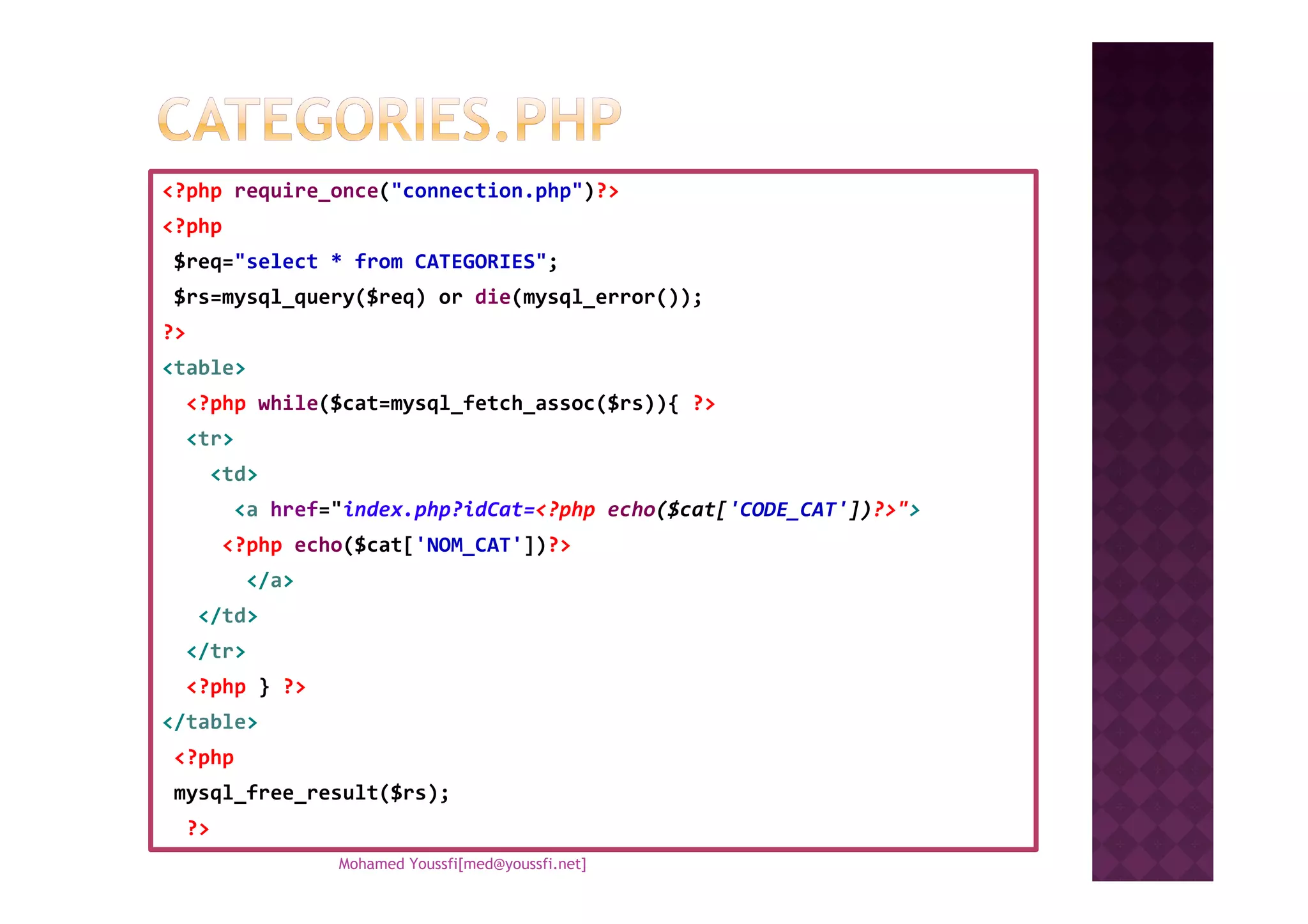 <?php require_once("connection.php")?>
<?php
$req="select * from CATEGORIES";
$rs=mysql_query($req) or die(mysql_error());
?>
<table>
<?php while($cat=mysql_fetch_assoc($rs)){ ?>
<tr>
<td><td>
<a href="index.php?idCat=<?php echo($cat['CODE_CAT'])?>">
<?php echo($cat['NOM_CAT'])?>
</a>
</td>
</tr>
<?php } ?>
</table>
<?php
mysql_free_result($rs);
?>
Mohamed Youssfi[med@youssfi.net]
 
