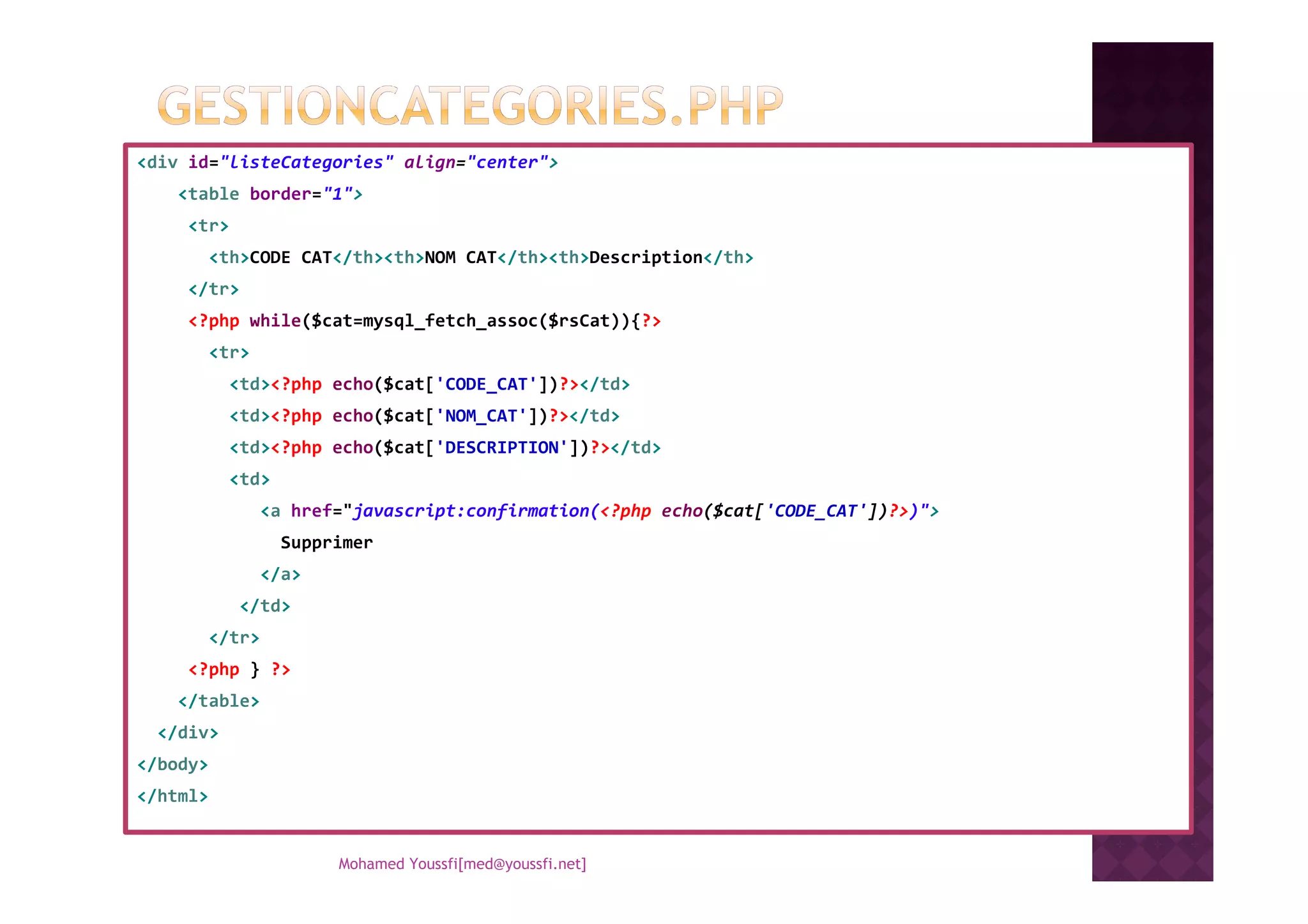 <div id="listeCategories" align="center">
<table border="1">
<tr>
<th>CODE CAT</th><th>NOM CAT</th><th>Description</th>
</tr>
<?php while($cat=mysql_fetch_assoc($rsCat)){?>
<tr>
<td><?php echo($cat['CODE_CAT'])?></td>
<td><?php echo($cat['NOM_CAT'])?></td>
<td><?php echo($cat['DESCRIPTION'])?></td>
<td>
<a href="javascript:confirmation(<?php echo($cat['CODE_CAT'])?>)">
Supprimer
</a>
</td>
</tr>
<?php } ?>
</table>
</div>
</body>
</html>
Mohamed Youssfi[med@youssfi.net]
 