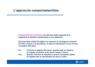 L’approccio comportamentistaL’approccio comportamentista
L’L’apprendimento associativoapprendimento associativo sta alla base della capacità di unsta alla base della capacità di un
organismo di adattarsi rapidamente al suo ambiente.organismo di adattarsi rapidamente al suo ambiente.
Esso permette infatti di cogliere le relazioni di contingenza esistentiEsso permette infatti di cogliere le relazioni di contingenza esistenti
fra fatti o eventi e di prevedere, in base al manifestarsi di uno di essi,fra fatti o eventi e di prevedere, in base al manifestarsi di uno di essi,
l’accadere dell’altro.l’accadere dell’altro.
Es1.Es1. Il fulmine è seguito dal tuono; quando vedo un fulmineIl fulmine è seguito dal tuono; quando vedo un fulmine
mi aspetto di sentire entro breve tempo il tuono.mi aspetto di sentire entro breve tempo il tuono.
Es2.Es2. Quando inserisco le monetine e premo il pulsante adattoQuando inserisco le monetine e premo il pulsante adatto
mi aspetto che la macchinetta mi serva il caffè.mi aspetto che la macchinetta mi serva il caffè.
 