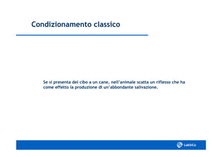Condizionamento classicoCondizionamento classico
Se si presenta del cibo a un cane, nell’animale scatta un riflesso che haSe si presenta del cibo a un cane, nell’animale scatta un riflesso che ha
come effetto la produzione di un’abbondante salivazione.come effetto la produzione di un’abbondante salivazione.
 