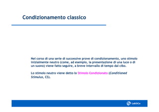 Condizionamento classicoCondizionamento classico
Nel corso di una serie di successive prove di condizionamento, uno stimoloNel corso di una serie di successive prove di condizionamento, uno stimolo
inizialmente neutro (come, ad esempio, la presentazione di una luce o diinizialmente neutro (come, ad esempio, la presentazione di una luce o di
un suono) viene fatto seguire, a breve intervallo di tempo dal cibo.un suono) viene fatto seguire, a breve intervallo di tempo dal cibo.
Lo stimolo neutro viene detto loLo stimolo neutro viene detto lo Stimolo CondizionatoStimolo Condizionato ((ConditionedConditioned
StimulusStimulus, CS)., CS).
 
