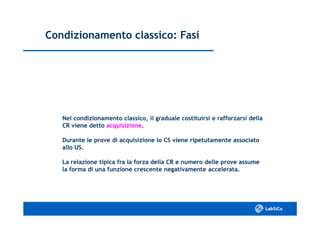 Condizionamento classico: FasiCondizionamento classico: Fasi
Nel condizionamento classico, il graduale costituirsi e rafforzarsi dellaNel condizionamento classico, il graduale costituirsi e rafforzarsi della
CR viene dettoCR viene detto acquisizioneacquisizione..
Durante le prove di acquisizione lo CS viene ripetutamente associatoDurante le prove di acquisizione lo CS viene ripetutamente associato
allo US.allo US.
La relazione tipica fra la forza della CR e numero delle prove assumeLa relazione tipica fra la forza della CR e numero delle prove assume
la forma di una funzione crescente negativamente accelerata.la forma di una funzione crescente negativamente accelerata.
 