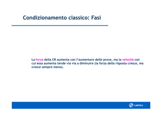 Condizionamento classico: FasiCondizionamento classico: Fasi
LaLa forzaforza della CR aumenta con l’aumentare delle prove, ma ladella CR aumenta con l’aumentare delle prove, ma la velocitàvelocità concon
cui essa aumenta tende via via a diminuire (la forza della risposta cresce, macui essa aumenta tende via via a diminuire (la forza della risposta cresce, ma
cresce sempre meno).cresce sempre meno).
 