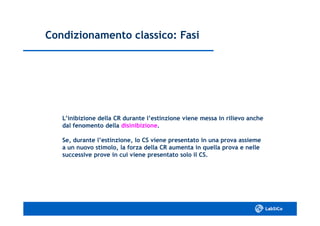 Condizionamento classico: FasiCondizionamento classico: Fasi
L’inibizione della CR durante l’estinzione viene messa in rilievo ancheL’inibizione della CR durante l’estinzione viene messa in rilievo anche
dal fenomento delladal fenomento della disinibizionedisinibizione..
Se, durante l’estinzione, lo CS viene presentato in una prova assiemeSe, durante l’estinzione, lo CS viene presentato in una prova assieme
a un nuovo stimolo, la forza della CR aumenta in quella prova e nellea un nuovo stimolo, la forza della CR aumenta in quella prova e nelle
successive prove in cui viene presentato solo il CS.successive prove in cui viene presentato solo il CS.
 