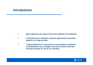 IntroduzioneIntroduzione
•• Ogni organismo per sopravvivere deve adattarsi all’ambienteOgni organismo per sopravvivere deve adattarsi all’ambiente
•• L’evoluzione per selezione naturale rappresenta il processoL’evoluzione per selezione naturale rappresenta il processo
adattivo sul lungo periodoadattivo sul lungo periodo
•• L’apprendimento è il meccanismo che permette di adattarsiL’apprendimento è il meccanismo che permette di adattarsi
ai cambiamenti che avvengono nell’arco di brevi intervalliai cambiamenti che avvengono nell’arco di brevi intervalli
di tempo durante la vita di un individuo.di tempo durante la vita di un individuo.
 