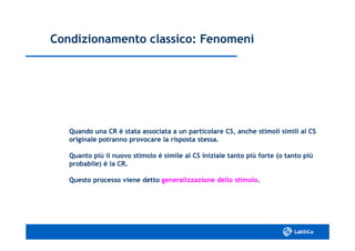 Condizionamento classico: FenomeniCondizionamento classico: Fenomeni
Quando una CR è stata associata a un particolare CS, anche stimoli simili al CSQuando una CR è stata associata a un particolare CS, anche stimoli simili al CS
originale potranno provocare la risposta stessa.originale potranno provocare la risposta stessa.
Quanto più il nuovo stimolo è simile al CS iniziale tanto più forte (o tanto piùQuanto più il nuovo stimolo è simile al CS iniziale tanto più forte (o tanto più
probabile) è la CR.probabile) è la CR.
Questo processo viene dettoQuesto processo viene detto generalizzazione dello stimologeneralizzazione dello stimolo..
 