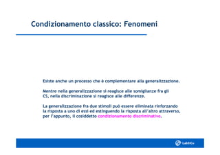 Condizionamento classico: FenomeniCondizionamento classico: Fenomeni
Esiste anche un processo che è complementare alla generalizzazione.Esiste anche un processo che è complementare alla generalizzazione.
Mentre nella generalizzazione si reagisce alle somiglianze fra gliMentre nella generalizzazione si reagisce alle somiglianze fra gli
CS, nella discriminazione si reagisce alle differenze.CS, nella discriminazione si reagisce alle differenze.
La generalizzazione fra due stimoli può essere eliminata rinforzandoLa generalizzazione fra due stimoli può essere eliminata rinforzando
la risposta a uno di essi ed estinguendo la risposta all’altro attraverso,la risposta a uno di essi ed estinguendo la risposta all’altro attraverso,
per l’appunto, il cosiddettoper l’appunto, il cosiddetto condizionamento discriminativocondizionamento discriminativo..
 