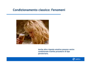 Condizionamento classico: FenomeniCondizionamento classico: Fenomeni
Anche altre risposte emotive possono venireAnche altre risposte emotive possono venire
condizionate tramite procedure di tipocondizionate tramite procedure di tipo
pavoloviano.pavoloviano.
 