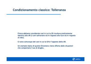 Condizionamento classico: TolleranzaCondizionamento classico: Tolleranza
Finora abbiamo considerato casi in cui la CR risultava praticamenteFinora abbiamo considerato casi in cui la CR risultava praticamente
identica alla UR (i cani salivavano sia in risposta alla luce sia in rispostaidentica alla UR (i cani salivavano sia in risposta alla luce sia in risposta
al cibo).al cibo).
Ci sono comunque dei casi in cui la CR è l’opposto della UR.Ci sono comunque dei casi in cui la CR è l’opposto della UR.
Un esempio tipico di questo fenomeno viene offerto dalle situazioniUn esempio tipico di questo fenomeno viene offerto dalle situazioni
che comportano l’uso di droghe.che comportano l’uso di droghe.
 