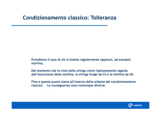 Condizionamento classico: TolleranzaCondizionamento classico: Tolleranza
Prendiamo il caso di chi si inietta regolarmente oppiacei, ad esempioPrendiamo il caso di chi si inietta regolarmente oppiacei, ad esempio
morfina.morfina.
Dal momento che la vista della siringa viene ripetutamente seguitaDal momento che la vista della siringa viene ripetutamente seguita
dall’assunzione della morfina, la siringa funge da CS e la morfina da US.dall’assunzione della morfina, la siringa funge da CS e la morfina da US.
Fino a questo punto siamo all’interno dello schema del condizionamentoFino a questo punto siamo all’interno dello schema del condizionamento
classico. Le conseguenze sono comunque diverse.classico. Le conseguenze sono comunque diverse.
 