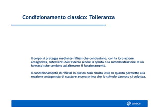 Condizionamento classico: TolleranzaCondizionamento classico: Tolleranza
Il corpo si protegge mediante riflessi che contrastano, con la loro azioneIl corpo si protegge mediante riflessi che contrastano, con la loro azione
antagonista, interventi dall’esterno (come la spinta o la somministrazione di unantagonista, interventi dall’esterno (come la spinta o la somministrazione di un
farmaco) che tendono ad alterarne il funzionamento.farmaco) che tendono ad alterarne il funzionamento.
Il condizionamento di riflessi in questo caso risulta utile in quanto permette allaIl condizionamento di riflessi in questo caso risulta utile in quanto permette alla
reazione antagonista di scattare ancora prima che lo stimolo dannoso ci colpisca.reazione antagonista di scattare ancora prima che lo stimolo dannoso ci colpisca.
 