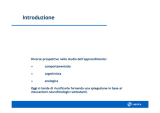 IntroduzioneIntroduzione
Diverse prospettive nello studio dell’apprendimento:Diverse prospettive nello studio dell’apprendimento:
•• comportamentistacomportamentista
•• cognitivistacognitivista
•• ecologicaecologica
Oggi si tenda di riunificarle fornendo una spiegazione in base aiOggi si tenda di riunificarle fornendo una spiegazione in base ai
meccanismi neurofisiologici sottostanti.meccanismi neurofisiologici sottostanti.
 